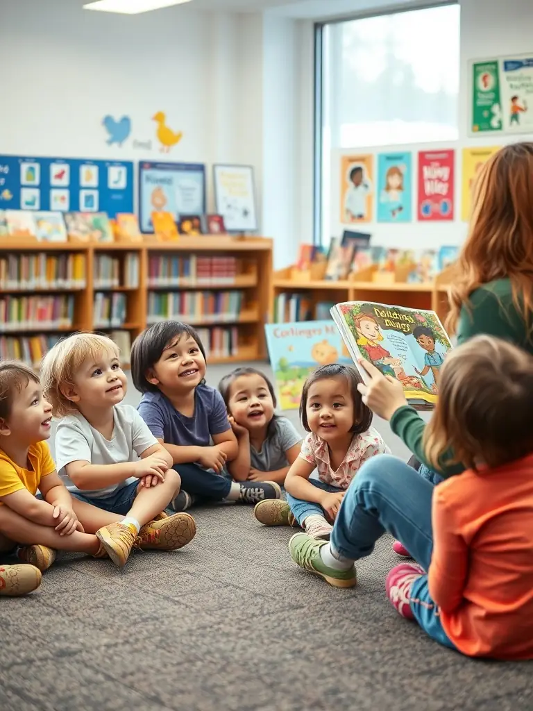 A group of children participating in a storytelling session at a local library, with a librarian reading aloud from a colorful picture book, creating an engaging and interactive atmosphere.