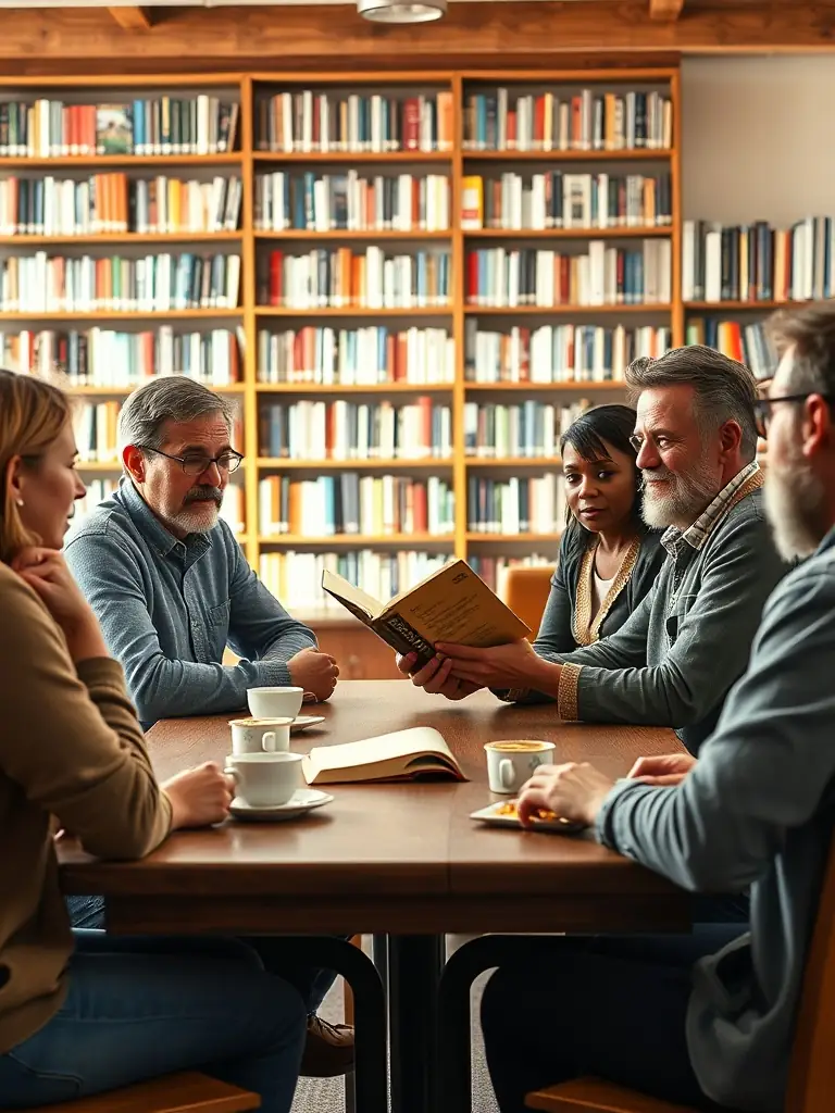 A photograph of a book club meeting in a cozy library setting, with members of different ages and backgrounds discussing a novel over coffee and snacks.