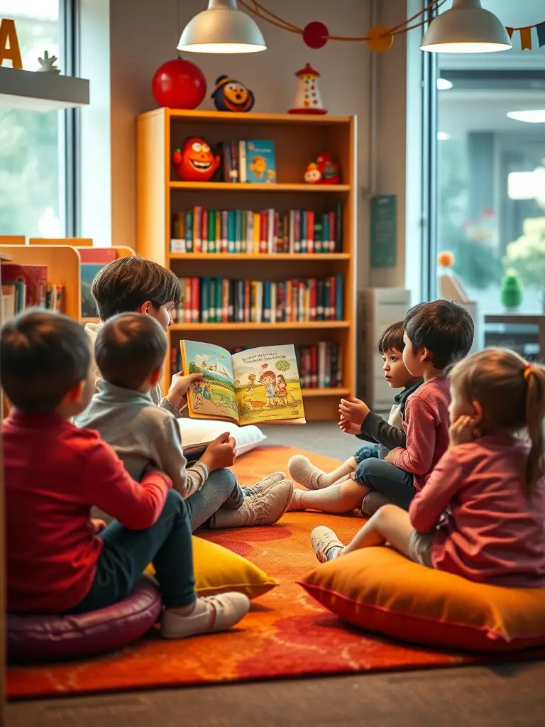 A group of children participating in a storytelling session at a local library, with a librarian reading aloud from a colorful picture book. The scene is warm and inviting, emphasizing the joy of reading.