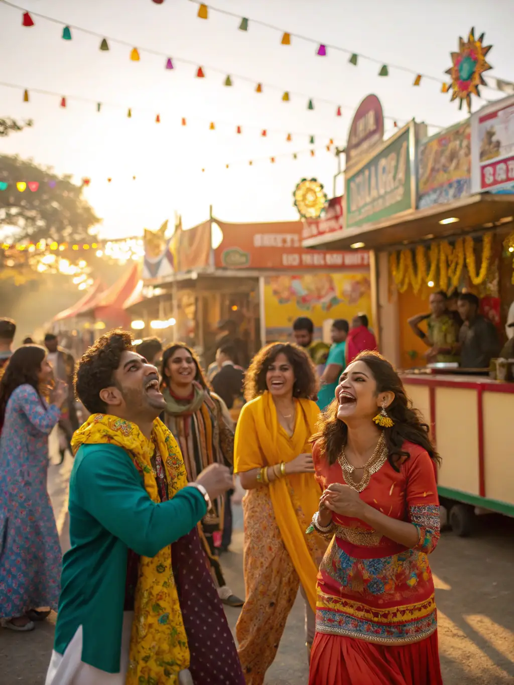 A vibrant image of a cultural exchange event, showcasing traditional music, dance, and food from different countries, with participants of all ages celebrating diversity and intercultural understanding.