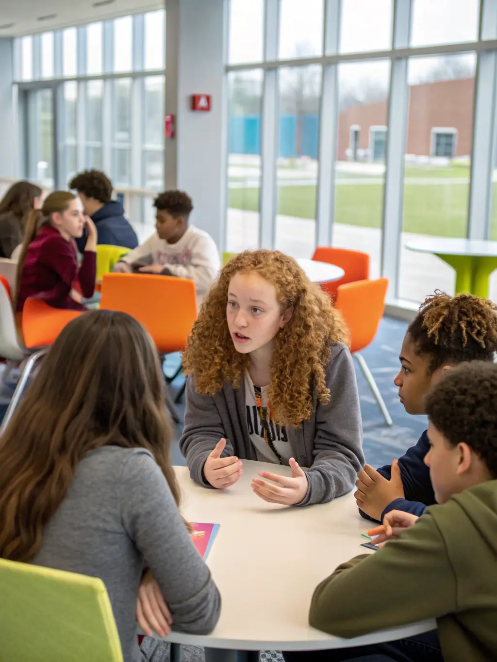 Teenagers are engaged in a debate during a youth leadership program, discussing important social issues and developing their critical thinking skills. The setting is a community center.