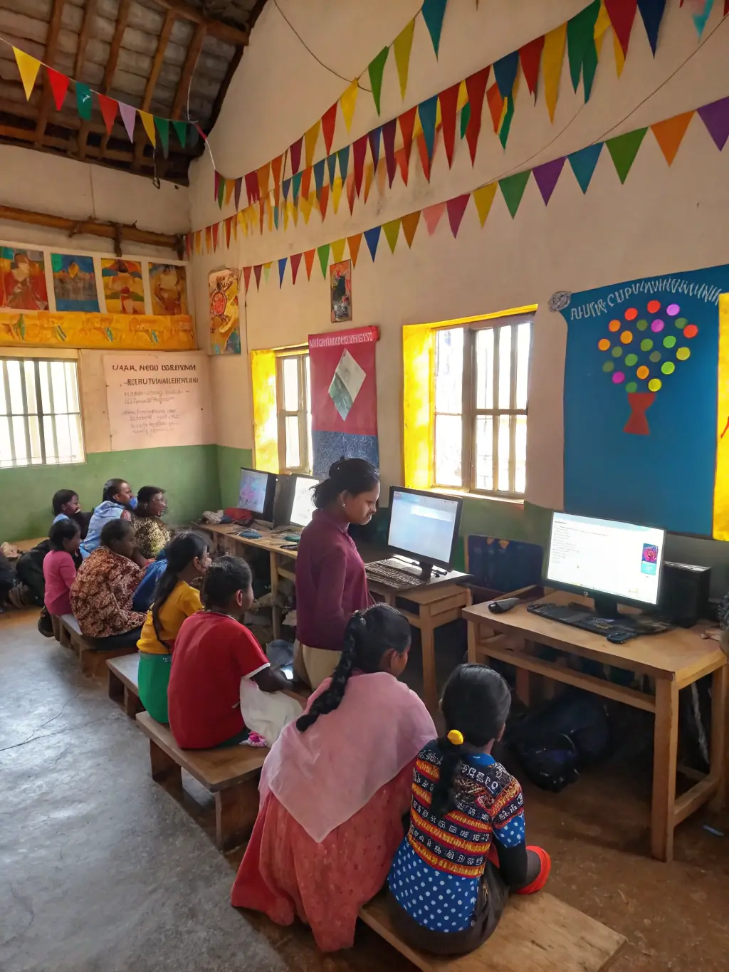 A diverse group of adults attending a computer literacy workshop, learning basic computer skills and internet navigation from a patient instructor in a community center.