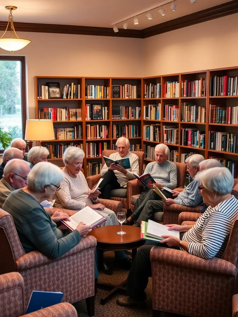 Seniors are participating in a book club discussion, sharing their thoughts and insights on a selected novel. The setting is a cozy library corner.